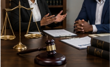 Gavel and scales of justice on a labour law desk